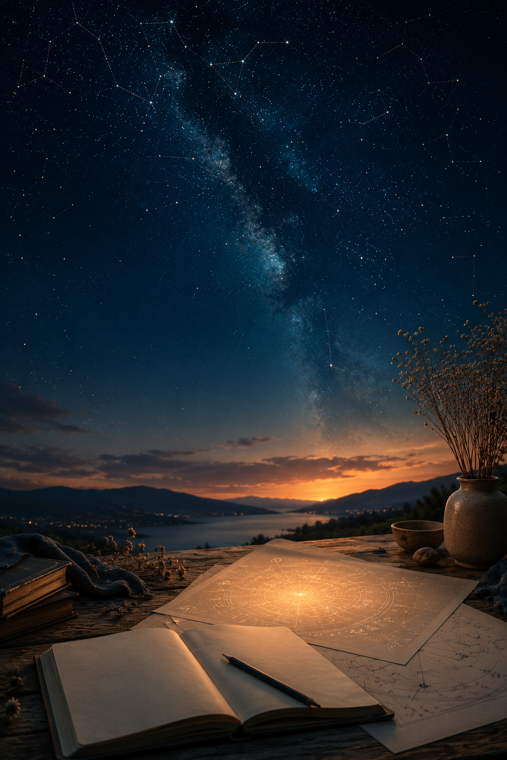 Mesa de lectura astrológica bajo un cielo nocturno con constelaciones